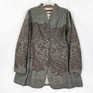 Coldwater Creek Jacket Womens 18 Gray Paisley Long Line Button Front Wool Blend